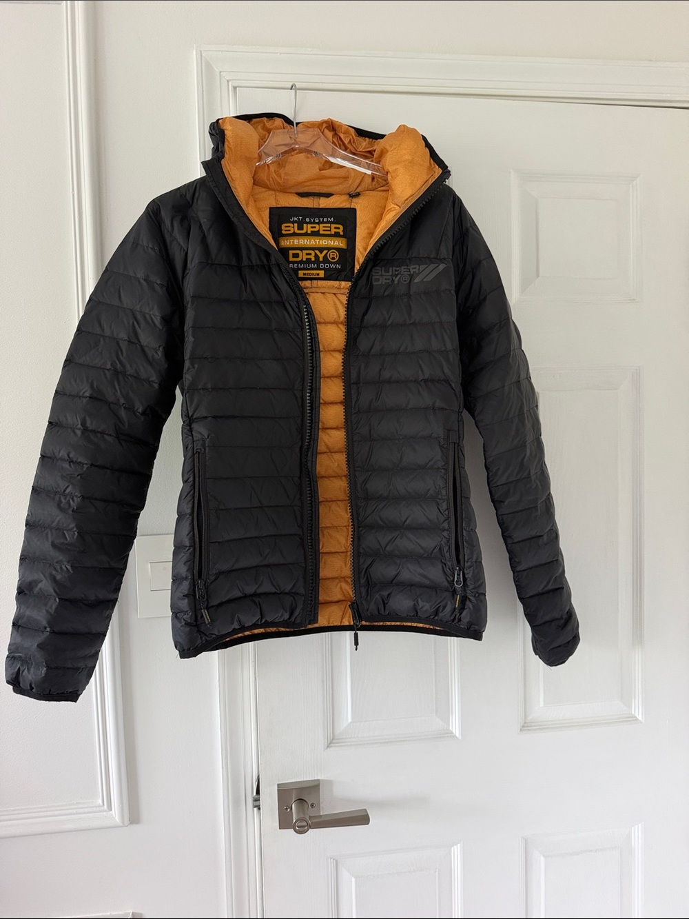 Superdry Men's Black Puffer Jacket with Orange Lining